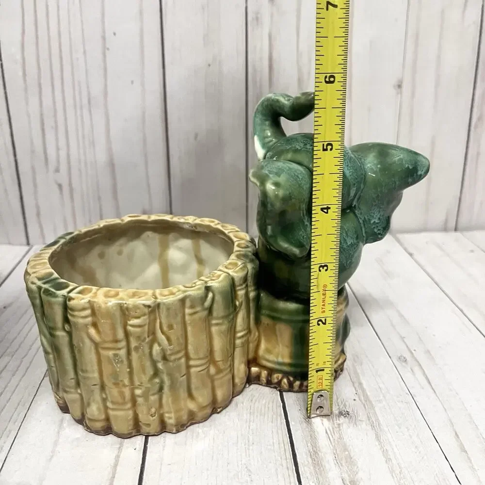 Vintage Ceramic Elephant Planter Green Glaze Bamboo Jungle MCM Kitsch 6”